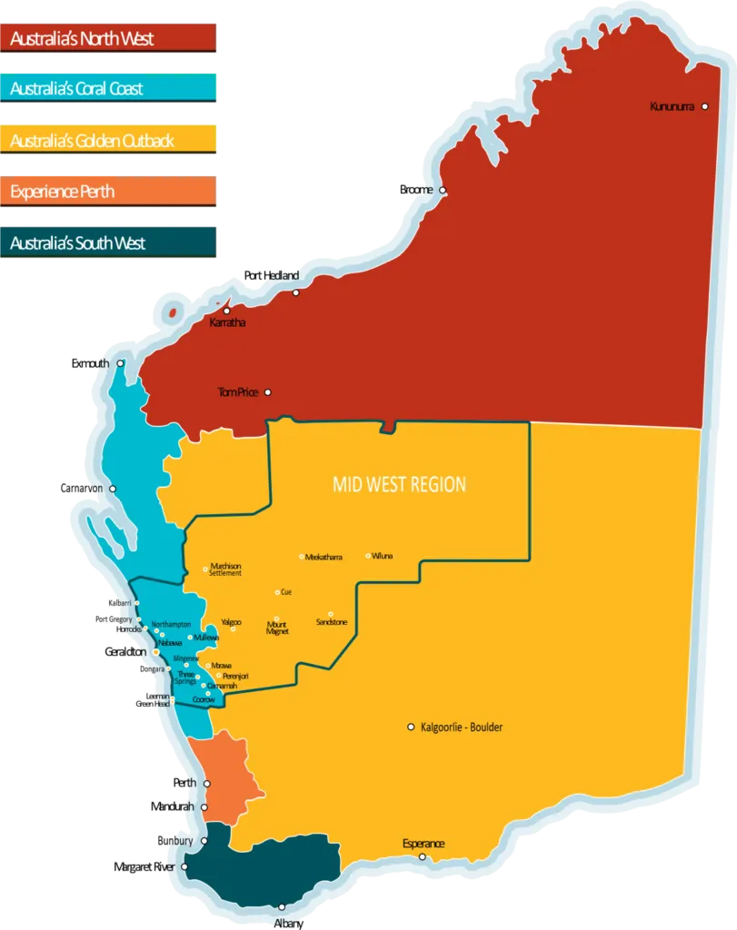 Map of the Mid West region of Western Australia and its sub-regions
